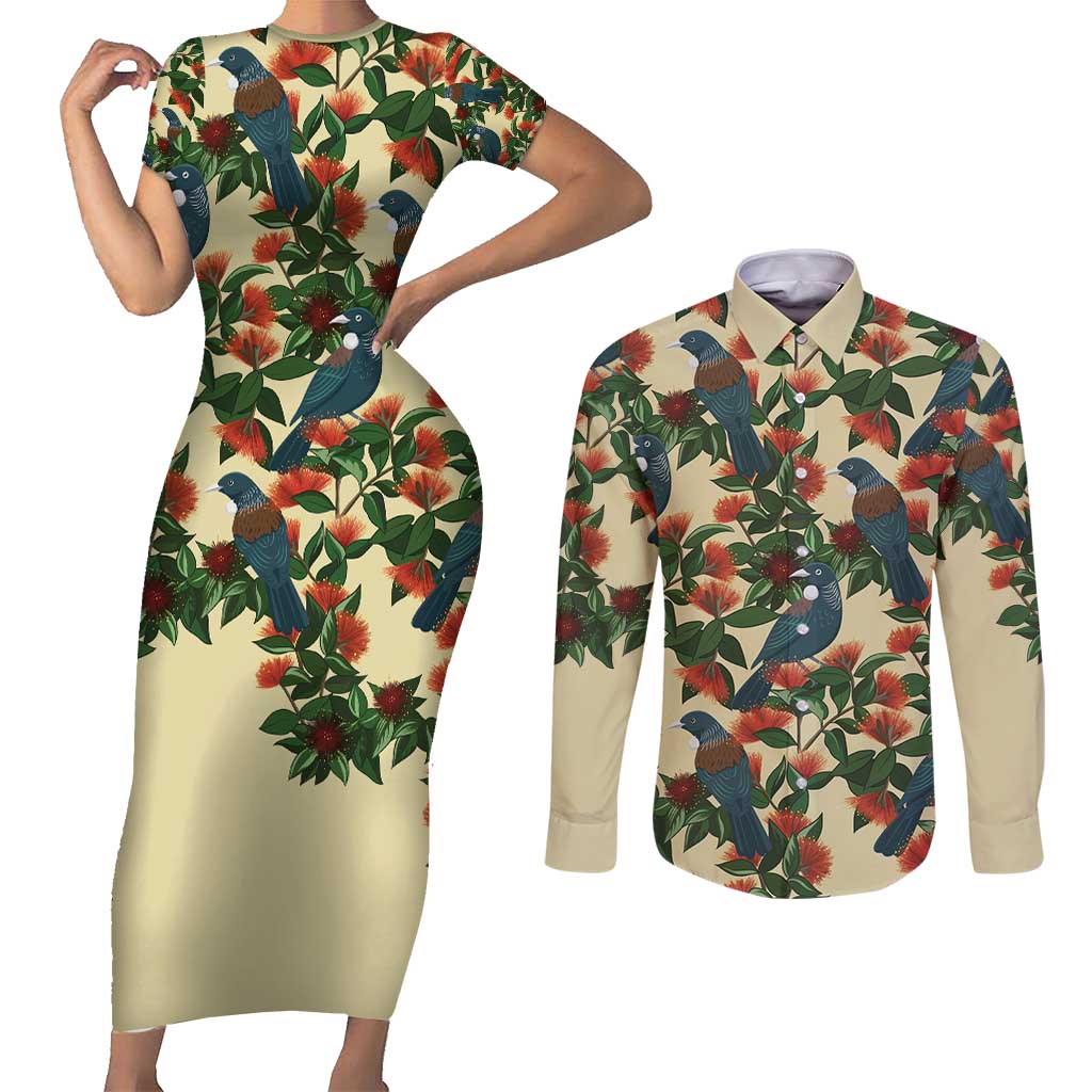 New Zealand Christmas Couples Matching Short Sleeve Bodycon Dress and Long Sleeve Button Shirt Romantic Tui Birds on Pohutukawa - Ivory - Aussie Hoodie