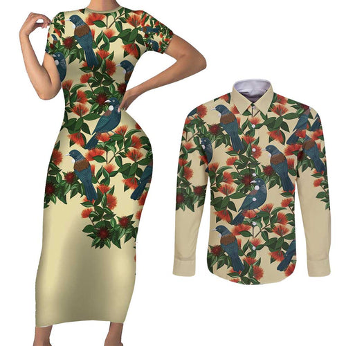 New Zealand Christmas Couples Matching Short Sleeve Bodycon Dress and Long Sleeve Button Shirt Romantic Tui Birds on Pohutukawa - Ivory - Aussie Hoodie