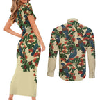 New Zealand Christmas Couples Matching Short Sleeve Bodycon Dress and Long Sleeve Button Shirt Romantic Tui Birds on Pohutukawa - Ivory - Aussie Hoodie