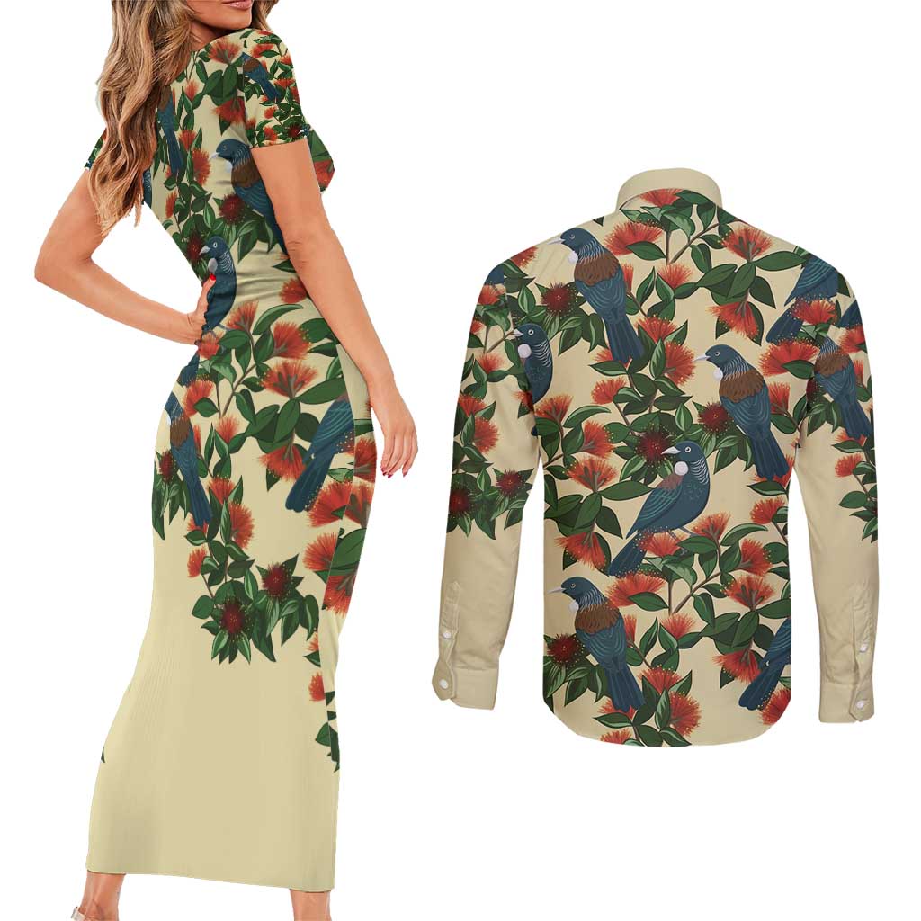 New Zealand Christmas Couples Matching Short Sleeve Bodycon Dress and Long Sleeve Button Shirt Romantic Tui Birds on Pohutukawa - Ivory - Aussie Hoodie