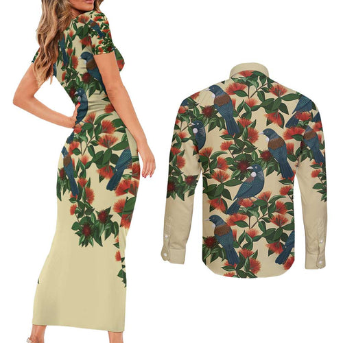 New Zealand Christmas Couples Matching Short Sleeve Bodycon Dress and Long Sleeve Button Shirt Romantic Tui Birds on Pohutukawa - Ivory - Aussie Hoodie