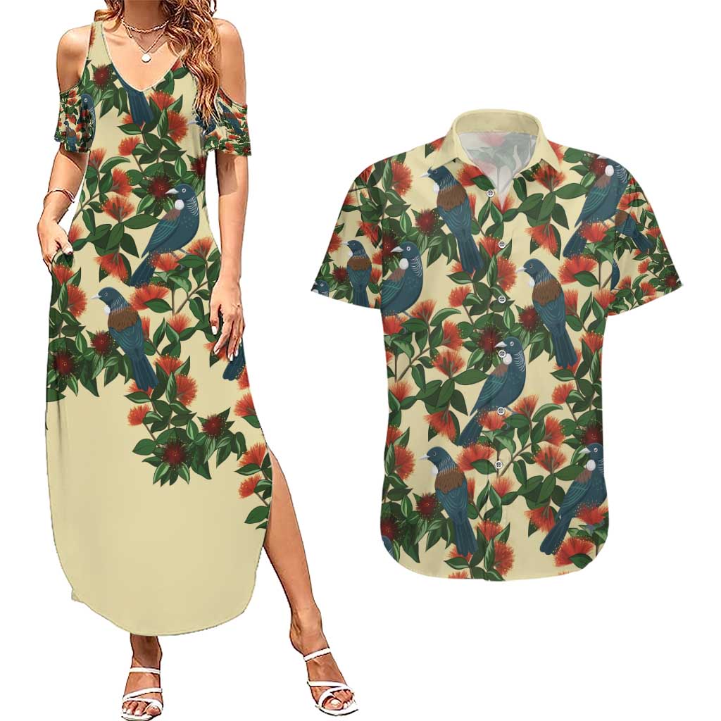 New Zealand Christmas Couples Matching Summer Maxi Dress and Hawaiian Shirt Romantic Tui Birds on Pohutukawa - Ivory - Aussie Hoodie