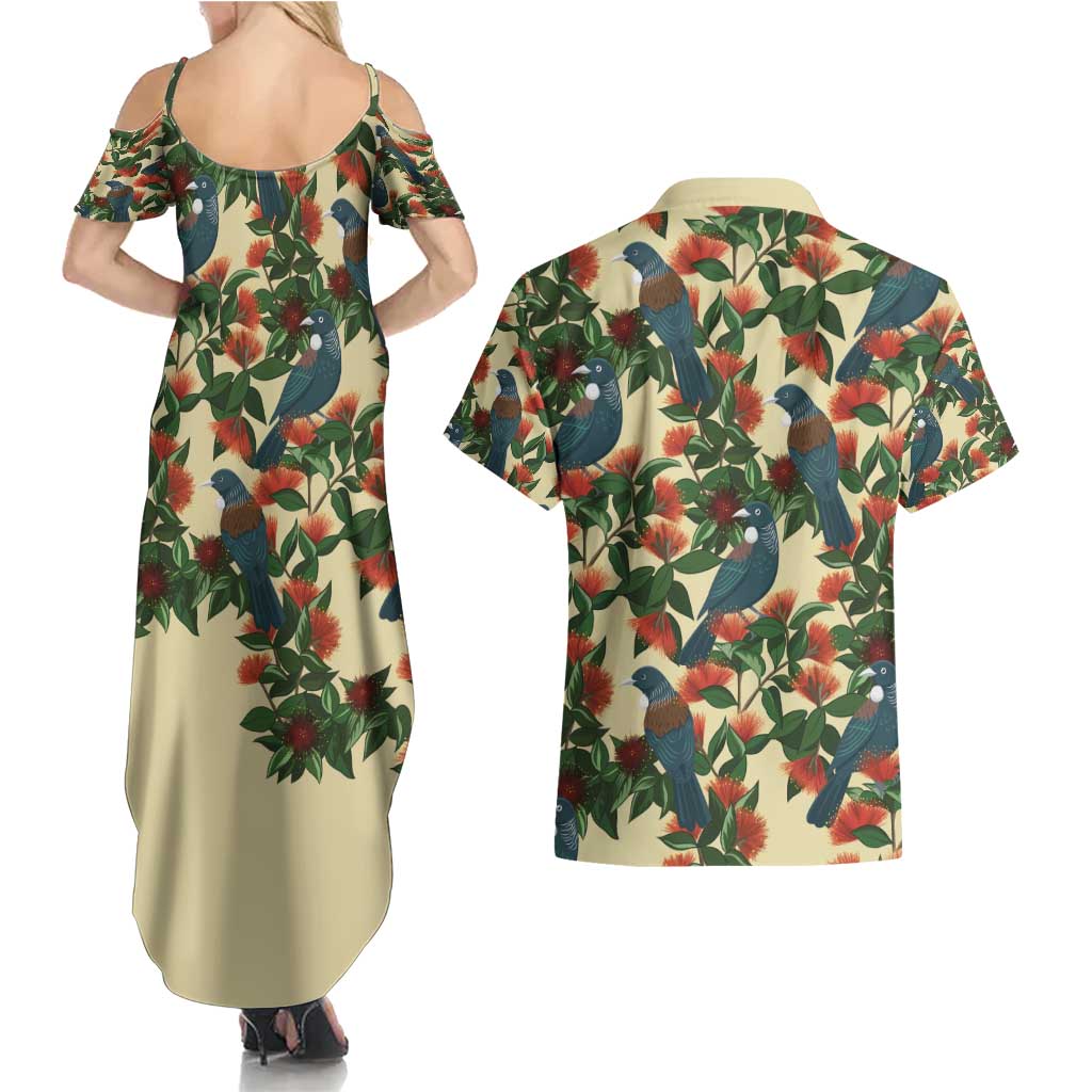 New Zealand Christmas Couples Matching Summer Maxi Dress and Hawaiian Shirt Romantic Tui Birds on Pohutukawa - Ivory - Aussie Hoodie