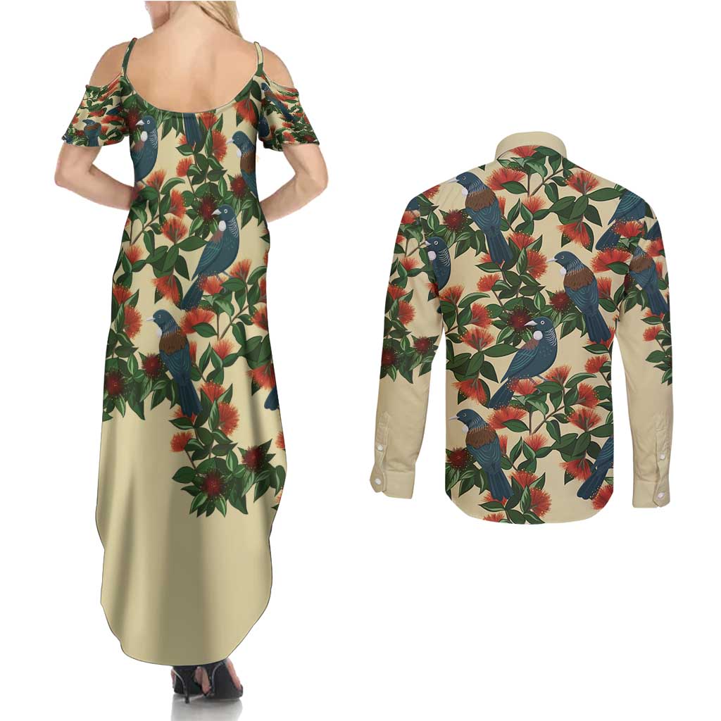 New Zealand Christmas Couples Matching Summer Maxi Dress and Long Sleeve Button Shirt Romantic Tui Birds on Pohutukawa - Ivory - Aussie Hoodie