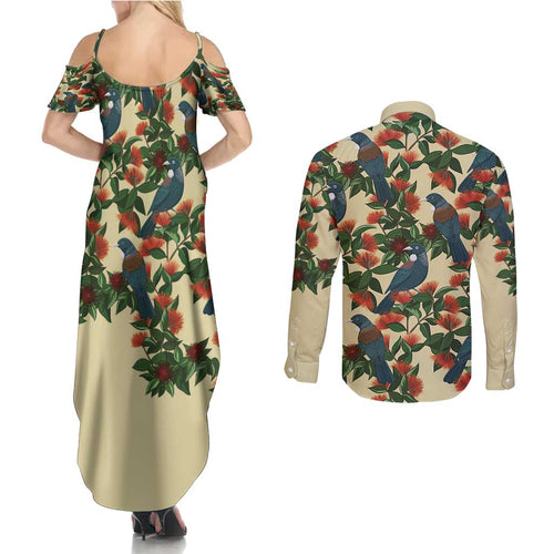 New Zealand Christmas Couples Matching Summer Maxi Dress and Long Sleeve Button Shirt Romantic Tui Birds on Pohutukawa - Ivory - Aussie Hoodie