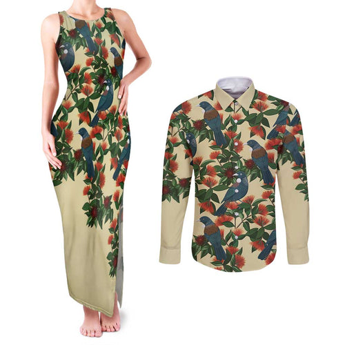 New Zealand Christmas Couples Matching Tank Maxi Dress and Long Sleeve Button Shirt Romantic Tui Birds on Pohutukawa - Ivory - Aussie Hoodie