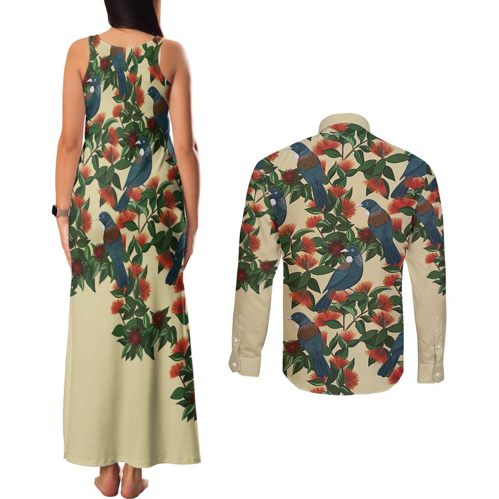 New Zealand Christmas Couples Matching Tank Maxi Dress and Long Sleeve Button Shirt Romantic Tui Birds on Pohutukawa - Ivory - Aussie Hoodie
