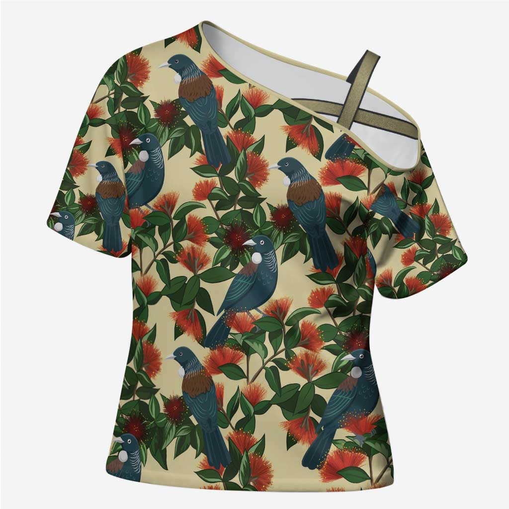 New Zealand Christmas Cross Shoulder Shirt Romantic Tui Birds on Pohutukawa - Ivory - Aussie Hoodie