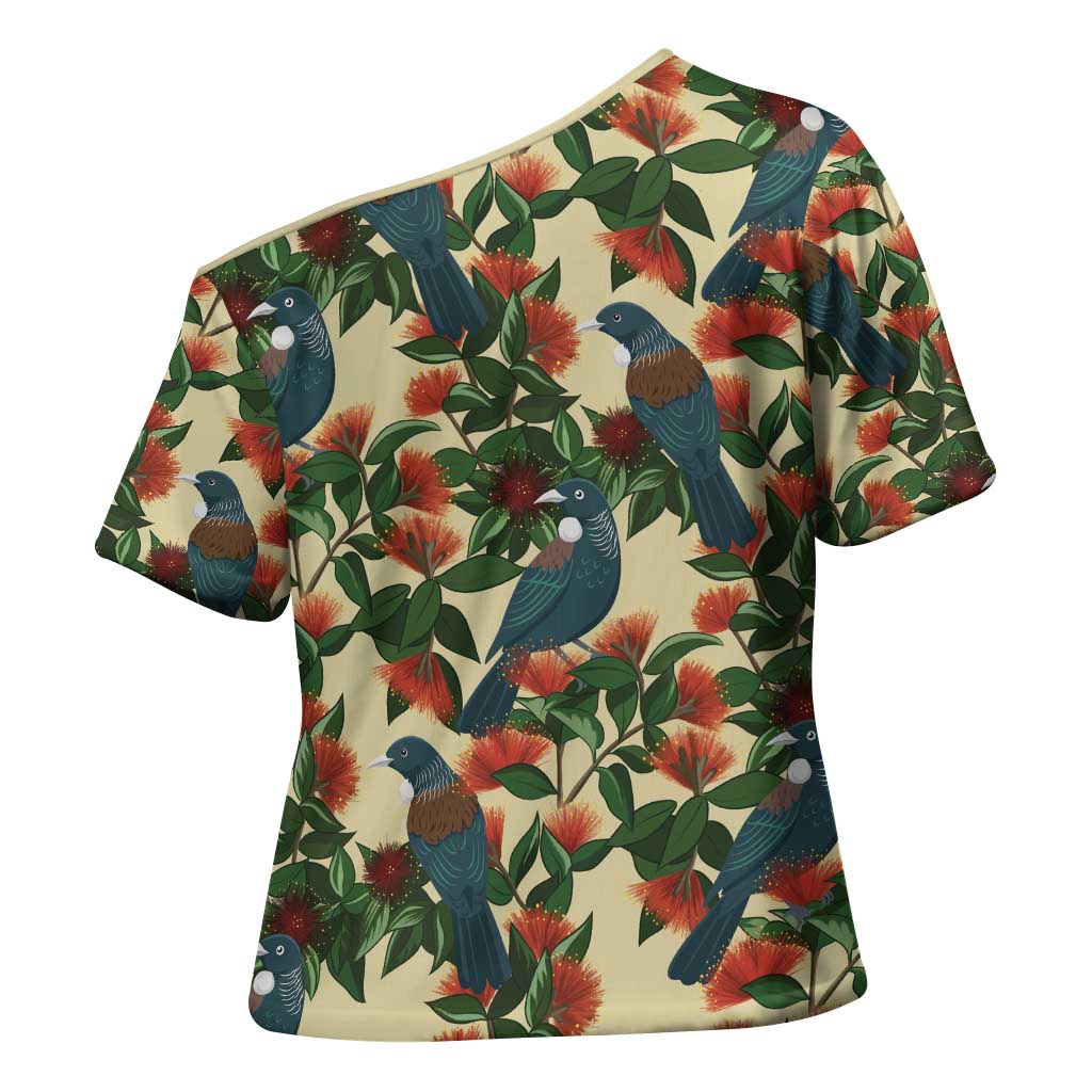 New Zealand Christmas Cross Shoulder Shirt Romantic Tui Birds on Pohutukawa - Ivory - Aussie Hoodie