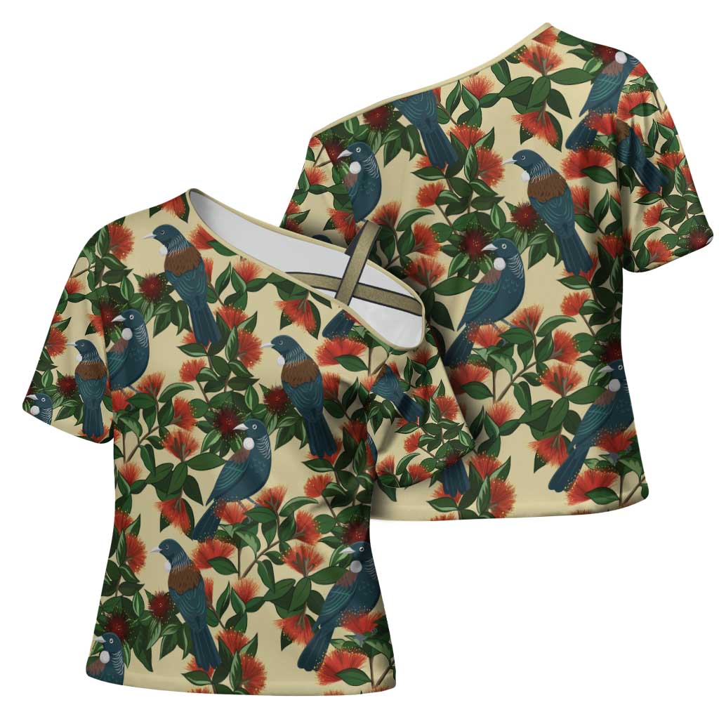 New Zealand Christmas Cross Shoulder Shirt Romantic Tui Birds on Pohutukawa - Ivory - Aussie Hoodie