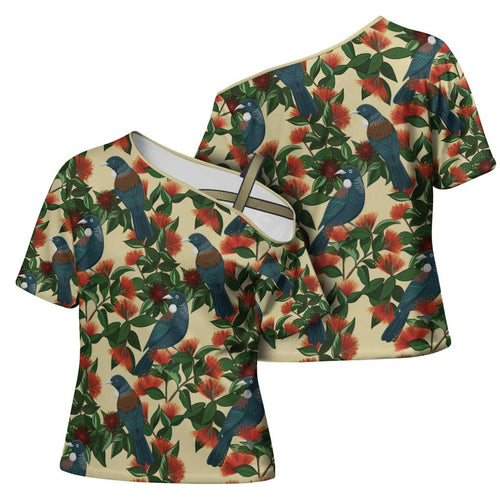 New Zealand Christmas Cross Shoulder Shirt Romantic Tui Birds on Pohutukawa - Ivory - Aussie Hoodie