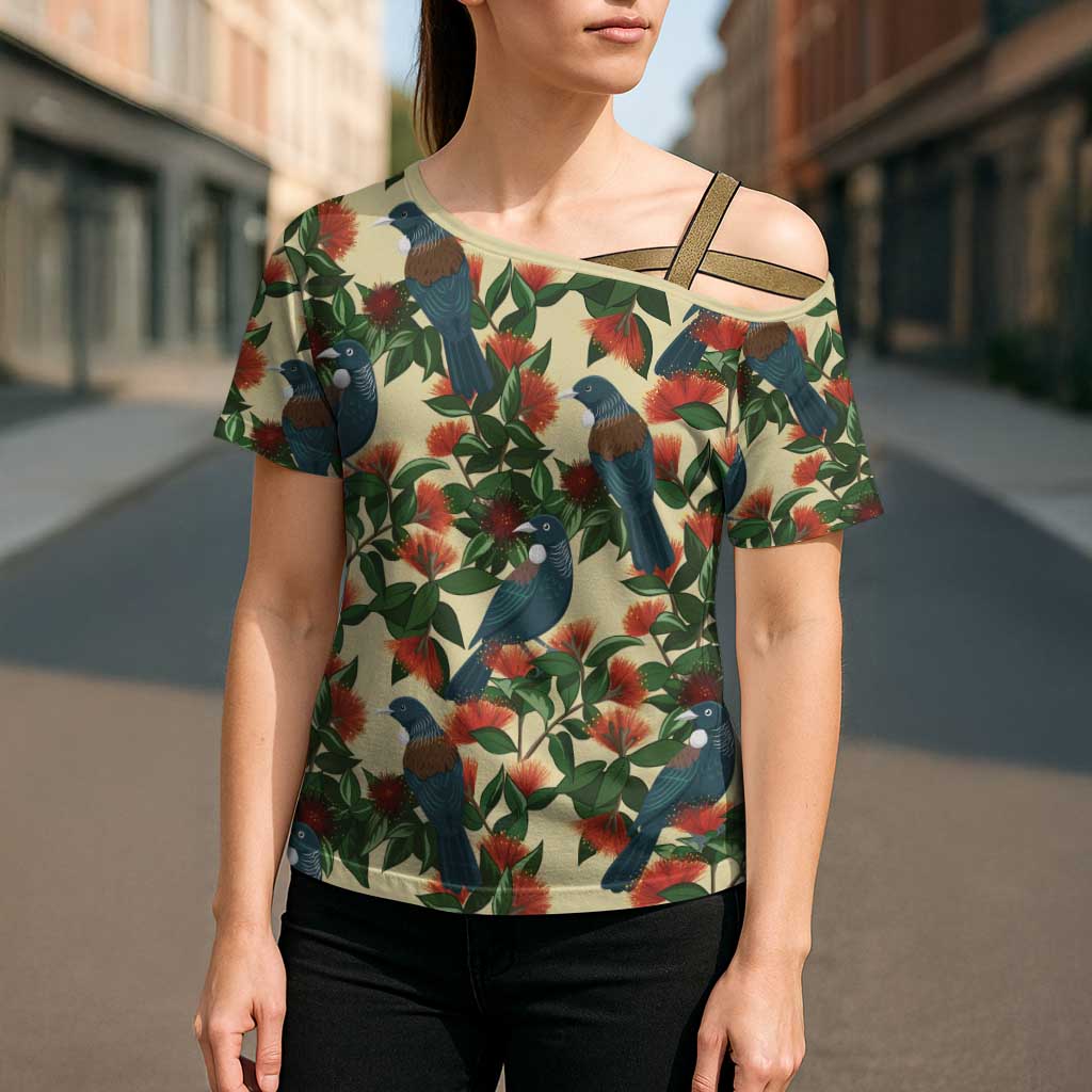 New Zealand Christmas Cross Shoulder Shirt Romantic Tui Birds on Pohutukawa - Ivory - Aussie Hoodie