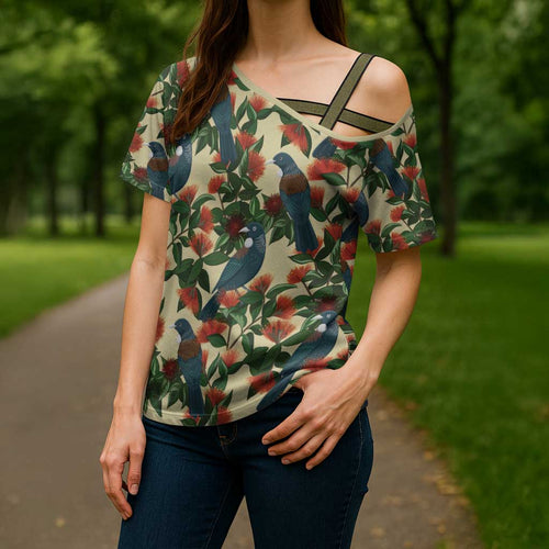 New Zealand Christmas Cross Shoulder Shirt Romantic Tui Birds on Pohutukawa - Ivory - Aussie Hoodie