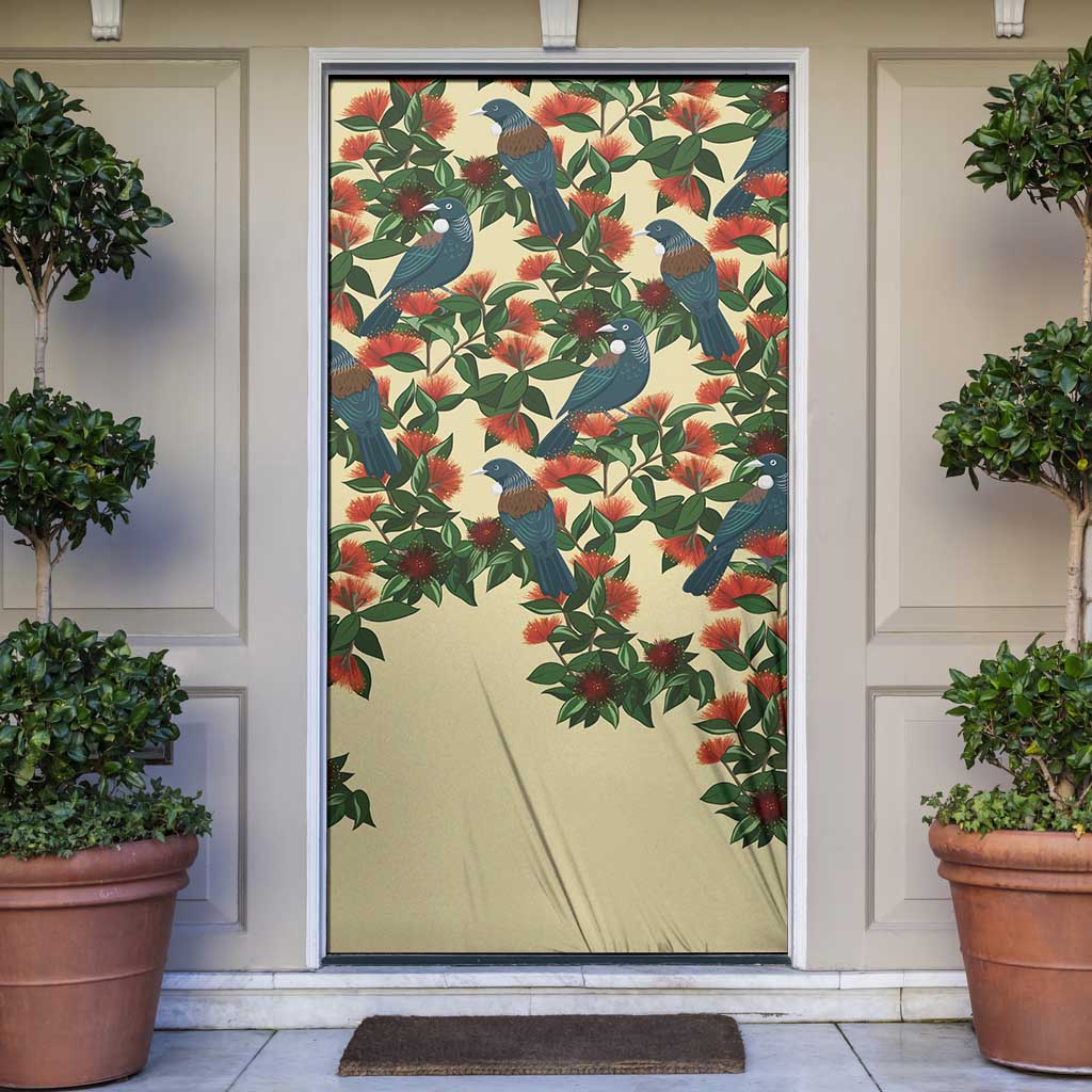 New Zealand Christmas Door Cover Romantic Tui Birds on Pohutukawa - Ivory - Aussie Hoodie