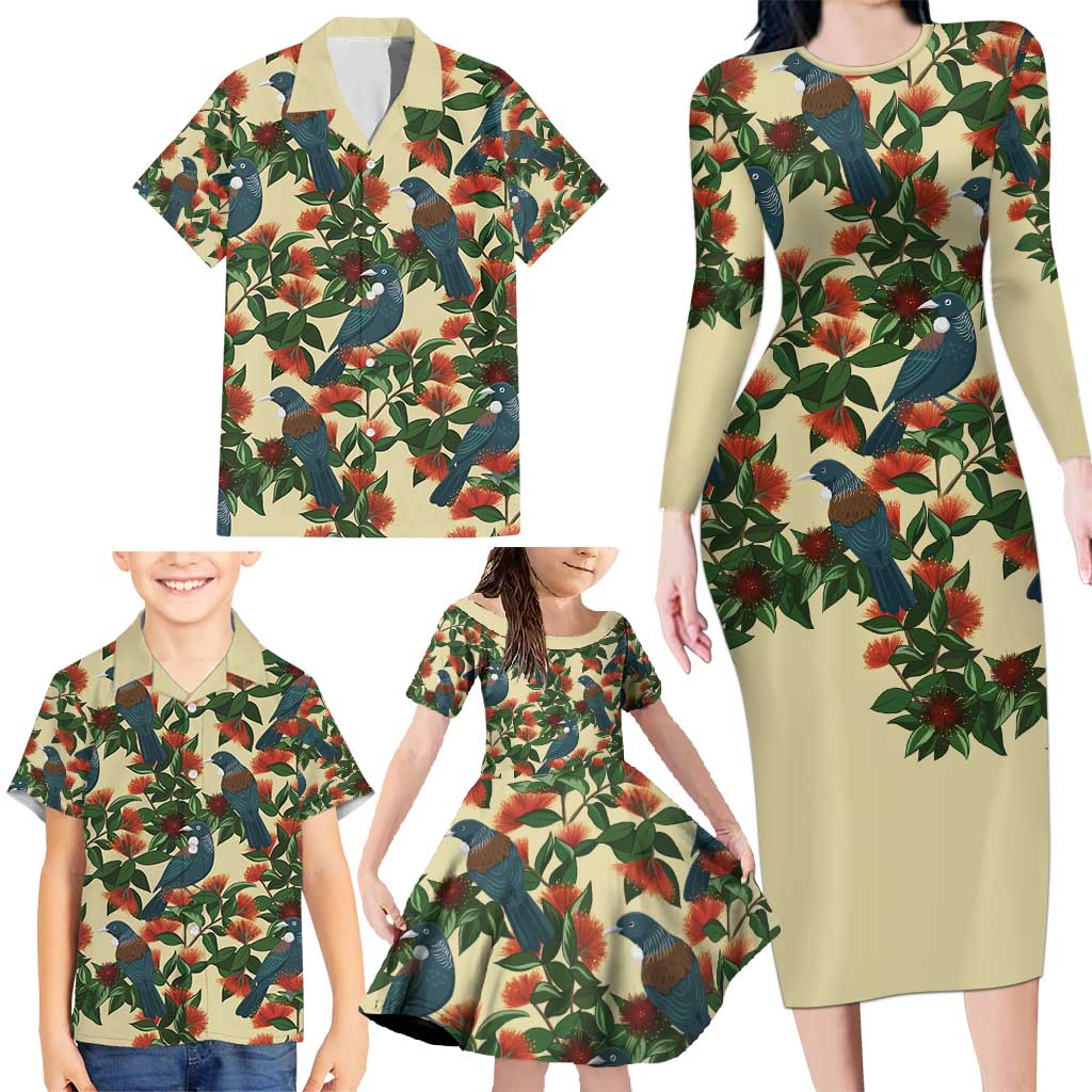 New Zealand Christmas Family Matching Long Sleeve Bodycon Dress and Hawaiian Shirt Romantic Tui Birds on Pohutukawa - Ivory - Aussie Hoodie