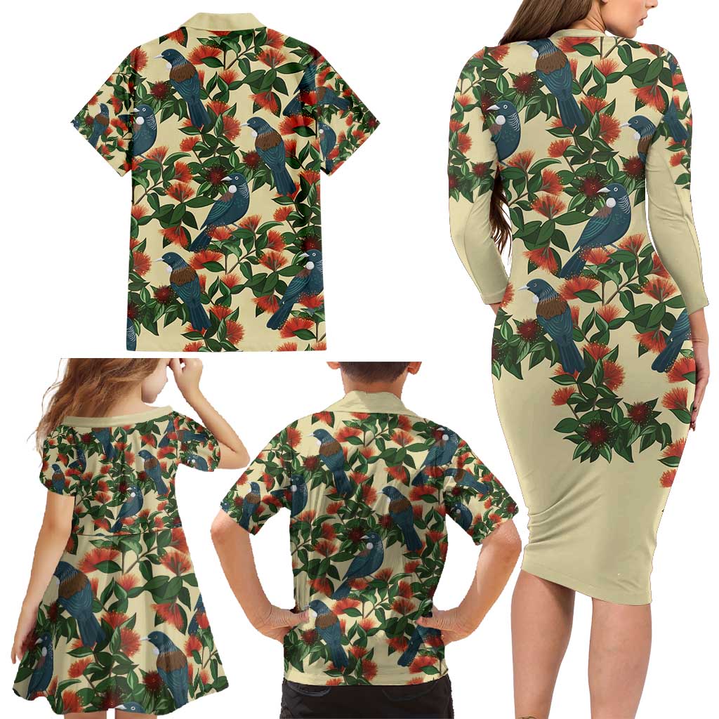 New Zealand Christmas Family Matching Long Sleeve Bodycon Dress and Hawaiian Shirt Romantic Tui Birds on Pohutukawa - Ivory - Aussie Hoodie