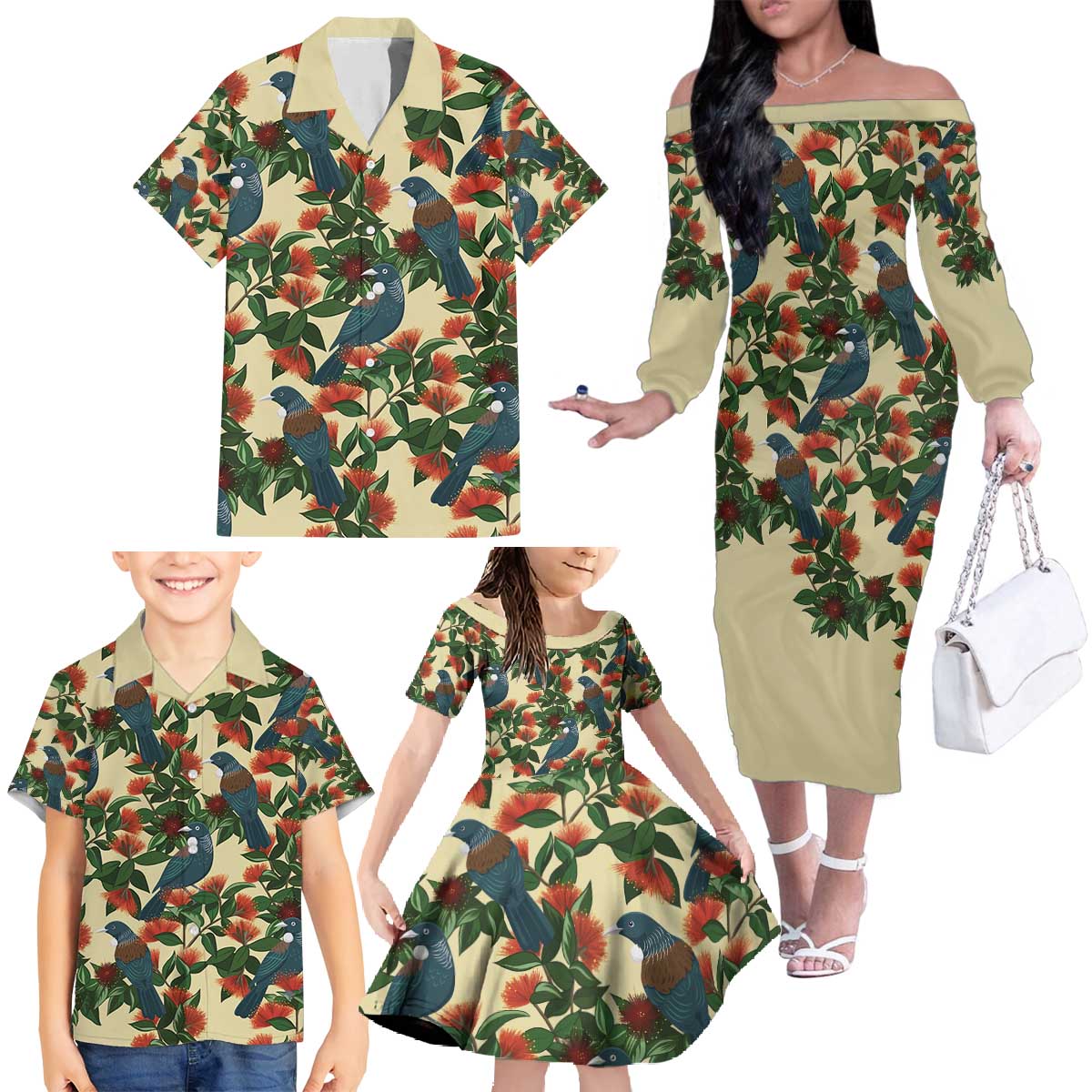 New Zealand Christmas Family Matching Off The Shoulder Long Sleeve Dress and Hawaiian Shirt Romantic Tui Birds on Pohutukawa - Ivory - Aussie Hoodie