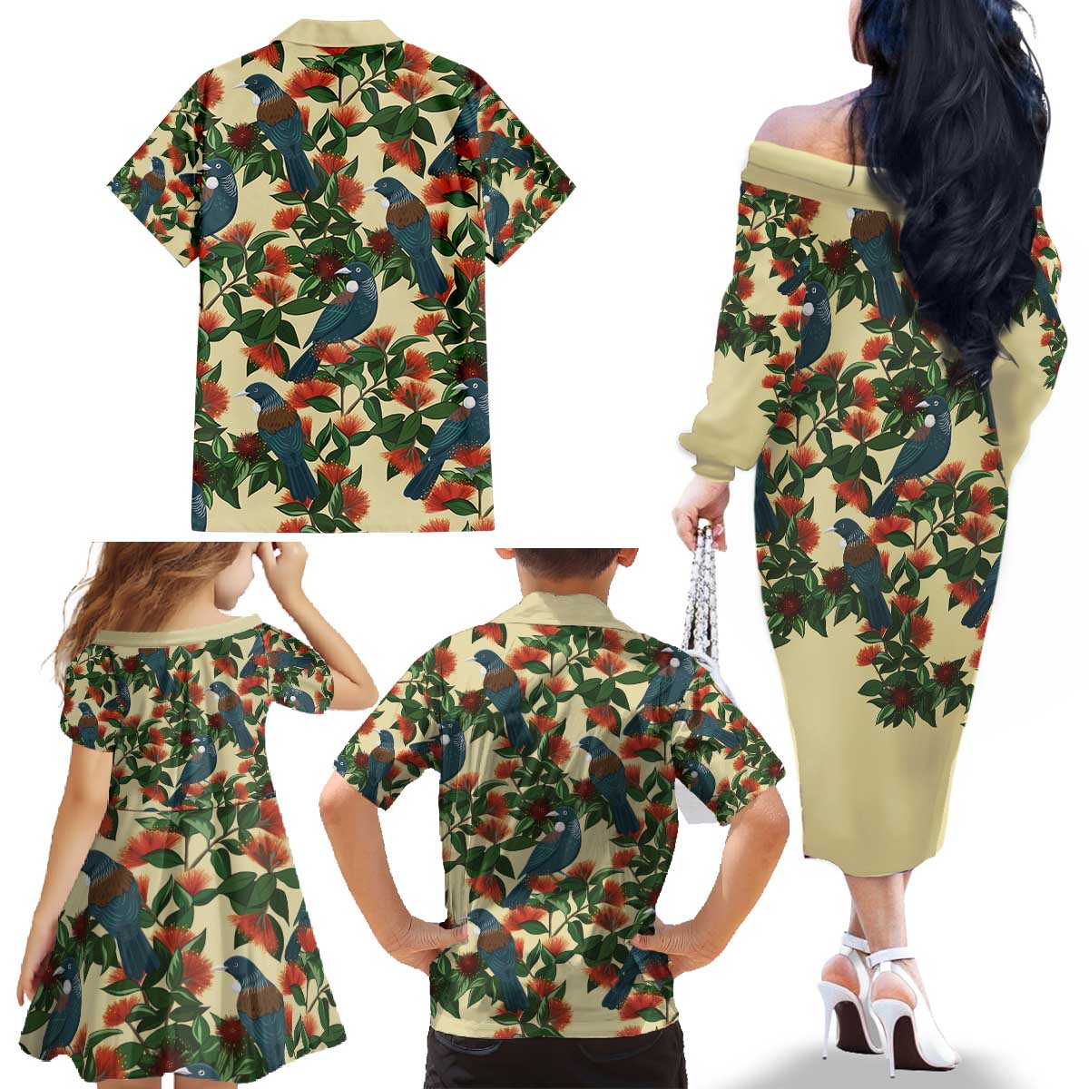 New Zealand Christmas Family Matching Off The Shoulder Long Sleeve Dress and Hawaiian Shirt Romantic Tui Birds on Pohutukawa - Ivory - Aussie Hoodie