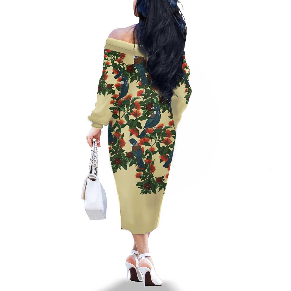 New Zealand Christmas Family Matching Off The Shoulder Long Sleeve Dress and Hawaiian Shirt Romantic Tui Birds on Pohutukawa - Ivory - Aussie Hoodie