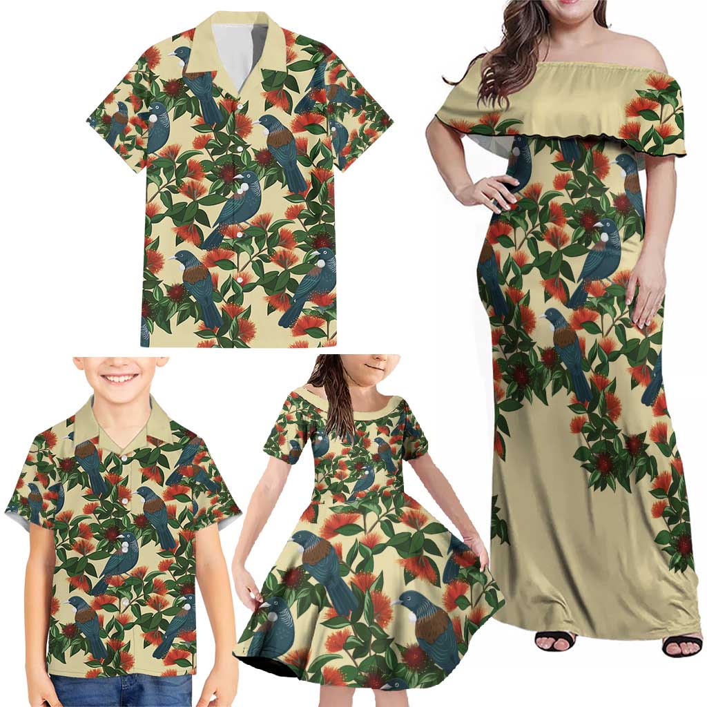 New Zealand Christmas Family Matching Off Shoulder Maxi Dress and Hawaiian Shirt Romantic Tui Birds on Pohutukawa - Ivory - Aussie Hoodie
