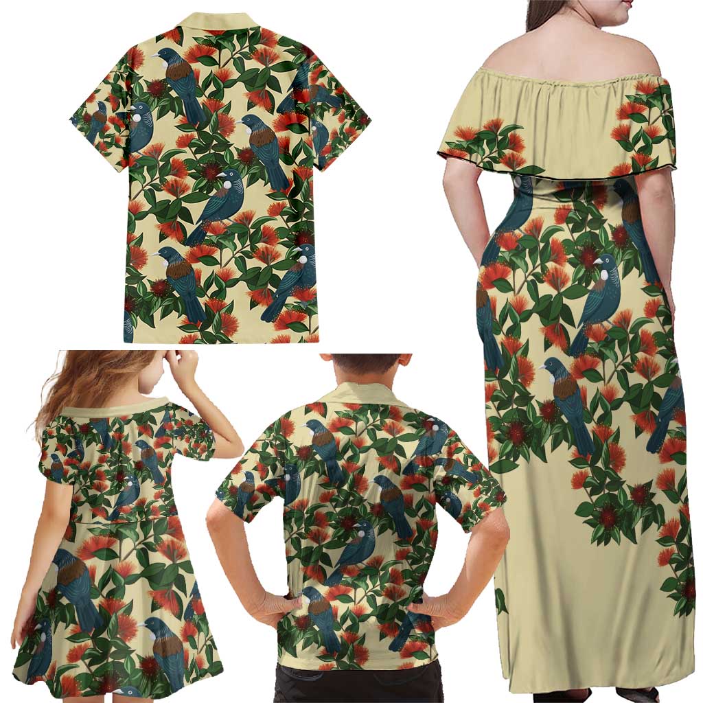 New Zealand Christmas Family Matching Off Shoulder Maxi Dress and Hawaiian Shirt Romantic Tui Birds on Pohutukawa - Ivory - Aussie Hoodie