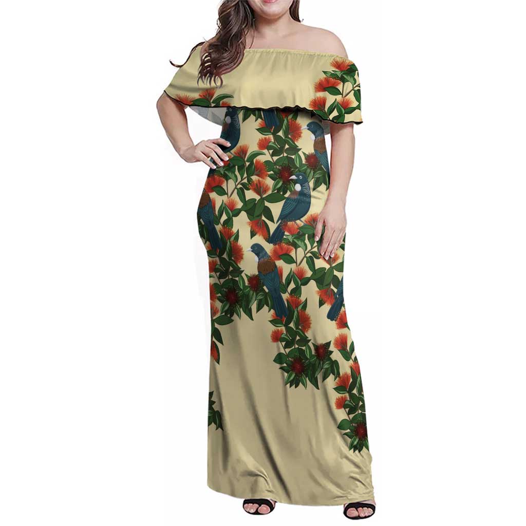 New Zealand Christmas Family Matching Off Shoulder Maxi Dress and Hawaiian Shirt Romantic Tui Birds on Pohutukawa - Ivory - Aussie Hoodie