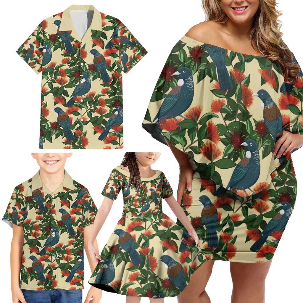 New Zealand Christmas Family Matching Off Shoulder Short Dress and Hawaiian Shirt Romantic Tui Birds on Pohutukawa - Ivory - Aussie Hoodie