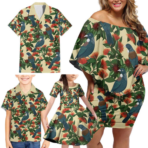 New Zealand Christmas Family Matching Off Shoulder Short Dress and Hawaiian Shirt Romantic Tui Birds on Pohutukawa - Ivory - Aussie Hoodie