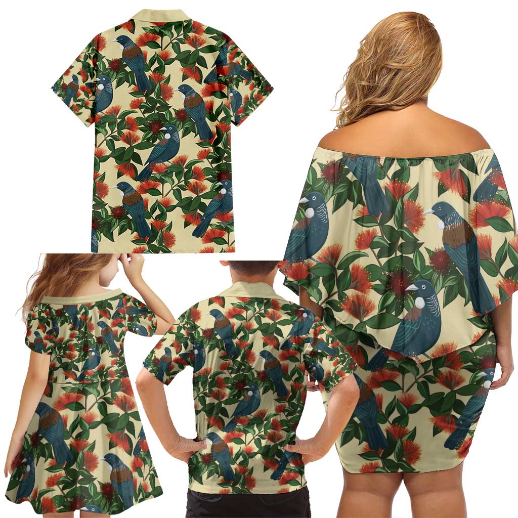 New Zealand Christmas Family Matching Off Shoulder Short Dress and Hawaiian Shirt Romantic Tui Birds on Pohutukawa - Ivory - Aussie Hoodie