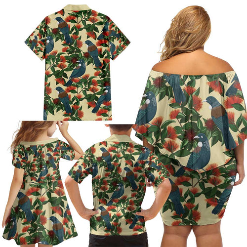 New Zealand Christmas Family Matching Off Shoulder Short Dress and Hawaiian Shirt Romantic Tui Birds on Pohutukawa - Ivory - Aussie Hoodie
