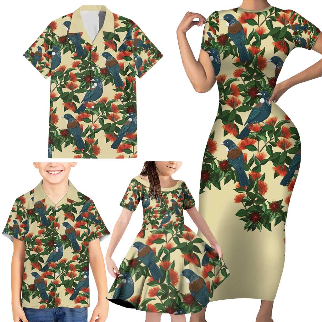 New Zealand Christmas Family Matching Short Sleeve Bodycon Dress and Hawaiian Shirt Romantic Tui Birds on Pohutukawa - Ivory - Aussie Hoodie