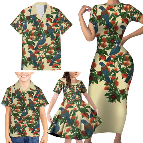 New Zealand Christmas Family Matching Short Sleeve Bodycon Dress and Hawaiian Shirt Romantic Tui Birds on Pohutukawa - Ivory - Aussie Hoodie