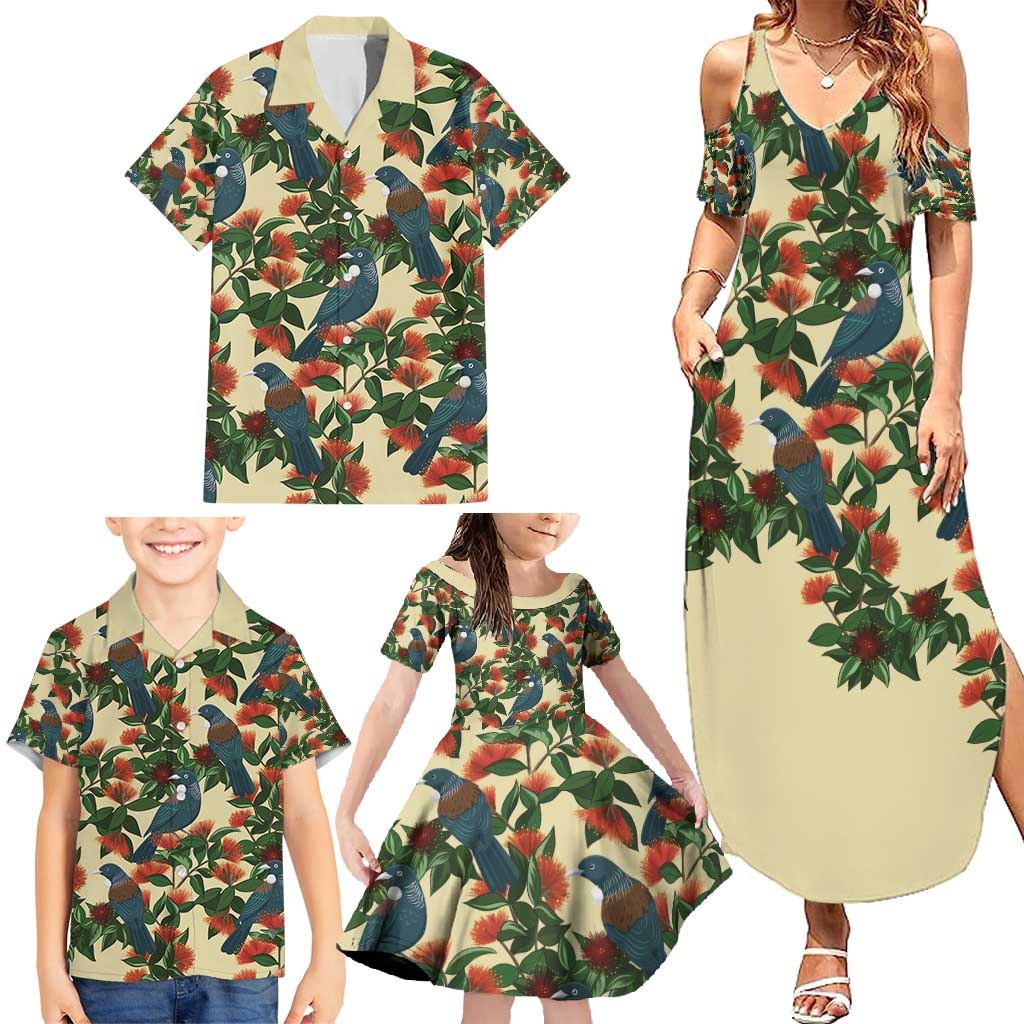 New Zealand Christmas Family Matching Summer Maxi Dress and Hawaiian Shirt Romantic Tui Birds on Pohutukawa - Ivory - Aussie Hoodie