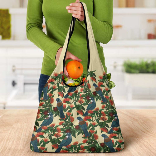 New Zealand Christmas Grocery Bag Romantic Tui Birds on Pohutukawa - Ivory - Aussie Hoodie
