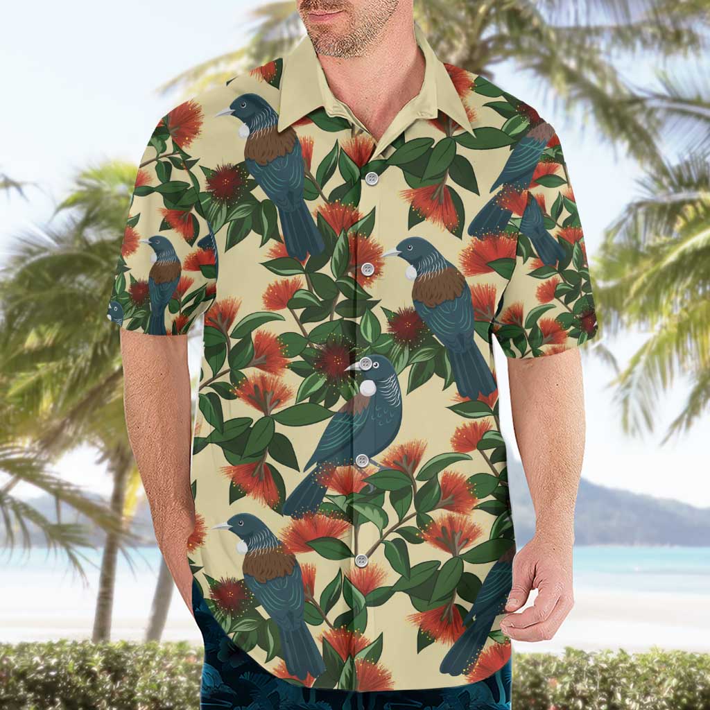 New Zealand Christmas Hawaiian Shirt Romantic Tui Birds on Pohutukawa - Ivory - Aussie Hoodie