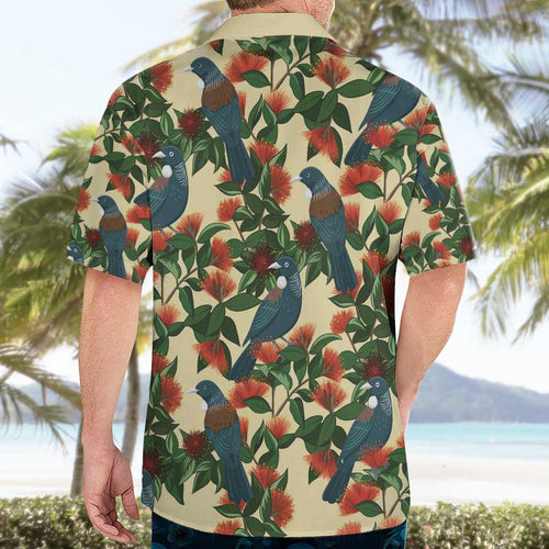 New Zealand Christmas Hawaiian Shirt Romantic Tui Birds on Pohutukawa - Ivory - Aussie Hoodie