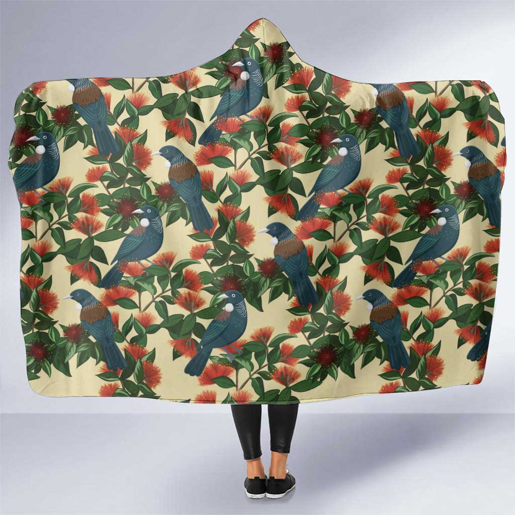 New Zealand Christmas Hooded Blanket Romantic Tui Birds on Pohutukawa - Ivory - Aussie Hoodie