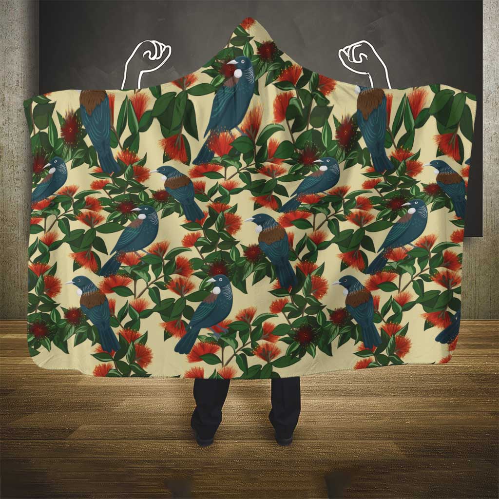 New Zealand Christmas Hooded Blanket Romantic Tui Birds on Pohutukawa - Ivory - Aussie Hoodie