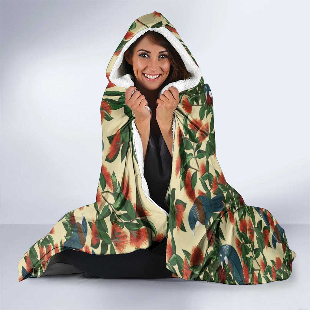 New Zealand Christmas Hooded Blanket Romantic Tui Birds on Pohutukawa - Ivory - Aussie Hoodie
