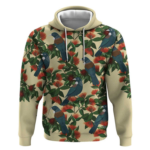 New Zealand Christmas Hoodie Romantic Tui Birds on Pohutukawa - Ivory - Aussie Hoodie