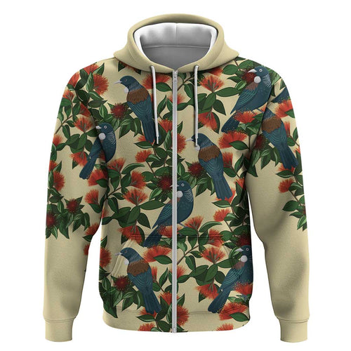 New Zealand Christmas Hoodie Romantic Tui Birds on Pohutukawa - Ivory - Aussie Hoodie