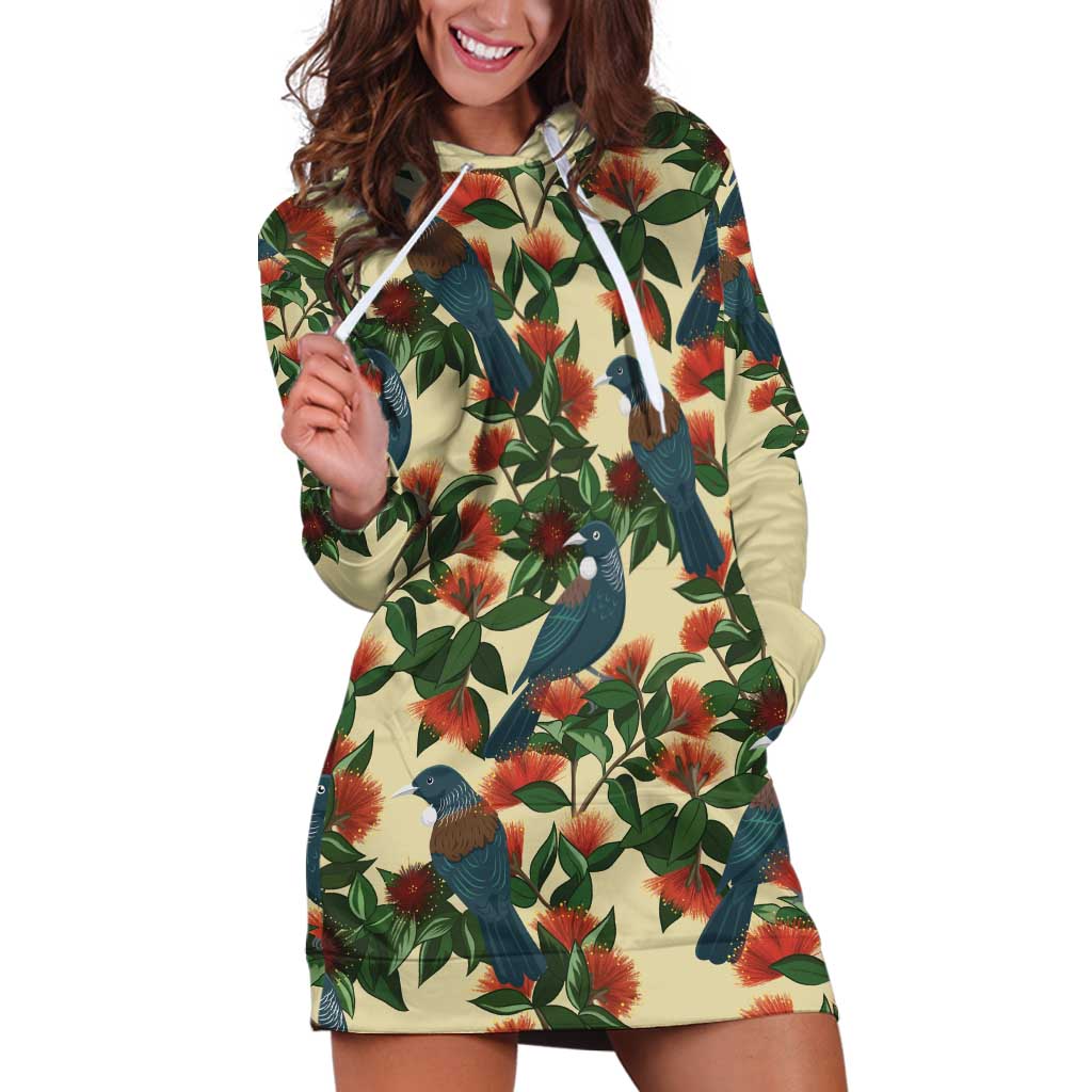 New Zealand Christmas Hoodie Dress Romantic Tui Birds on Pohutukawa - Ivory - Aussie Hoodie