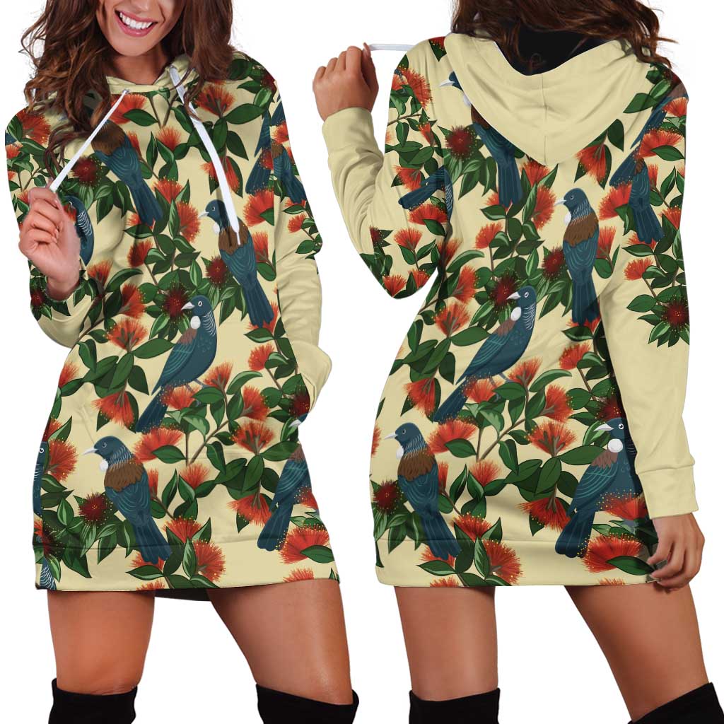 New Zealand Christmas Hoodie Dress Romantic Tui Birds on Pohutukawa - Ivory - Aussie Hoodie