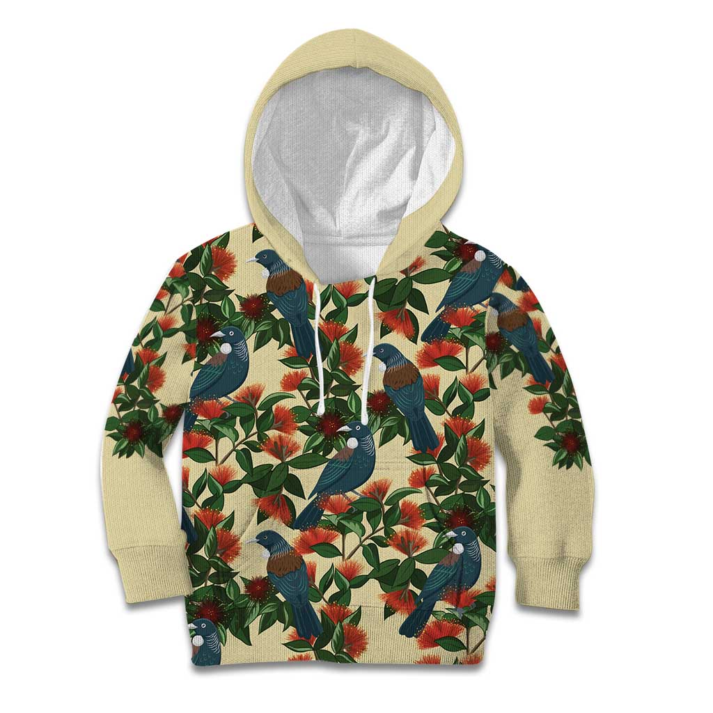 New Zealand Christmas Kid Hoodie Romantic Tui Birds on Pohutukawa - Ivory - Aussie Hoodie