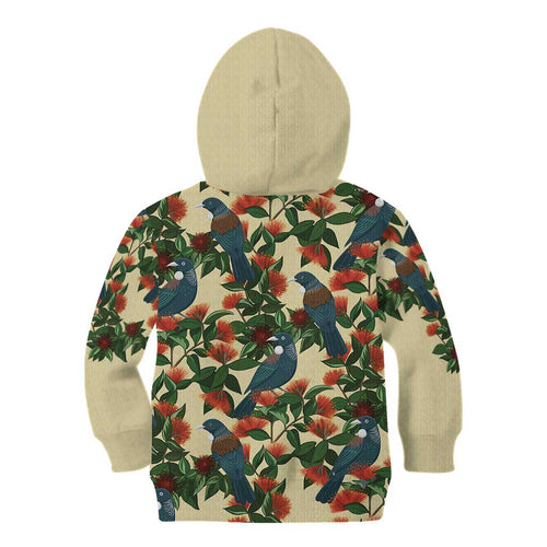 New Zealand Christmas Kid Hoodie Romantic Tui Birds on Pohutukawa - Ivory - Aussie Hoodie