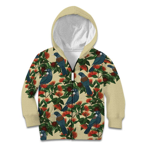 New Zealand Christmas Kid Hoodie Romantic Tui Birds on Pohutukawa - Ivory - Aussie Hoodie