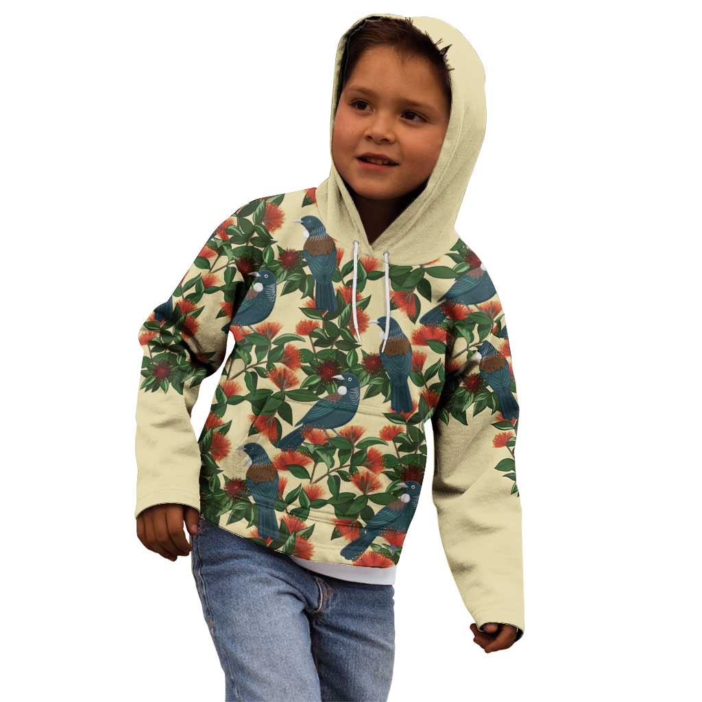 New Zealand Christmas Kid Hoodie Romantic Tui Birds on Pohutukawa - Ivory - Aussie Hoodie