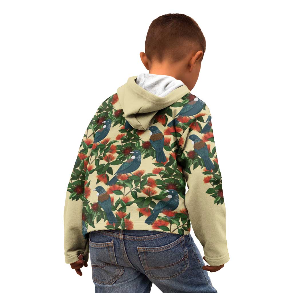 New Zealand Christmas Kid Hoodie Romantic Tui Birds on Pohutukawa - Ivory - Aussie Hoodie