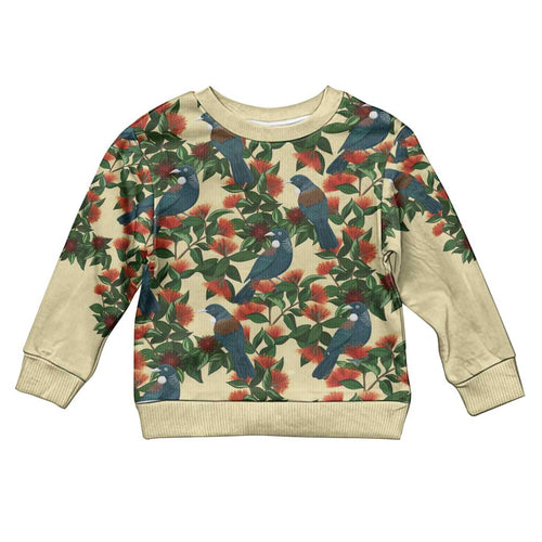 New Zealand Christmas Kid Ugly Christmas Sweater Romantic Tui Birds on Pohutukawa - Ivory - Aussie Hoodie