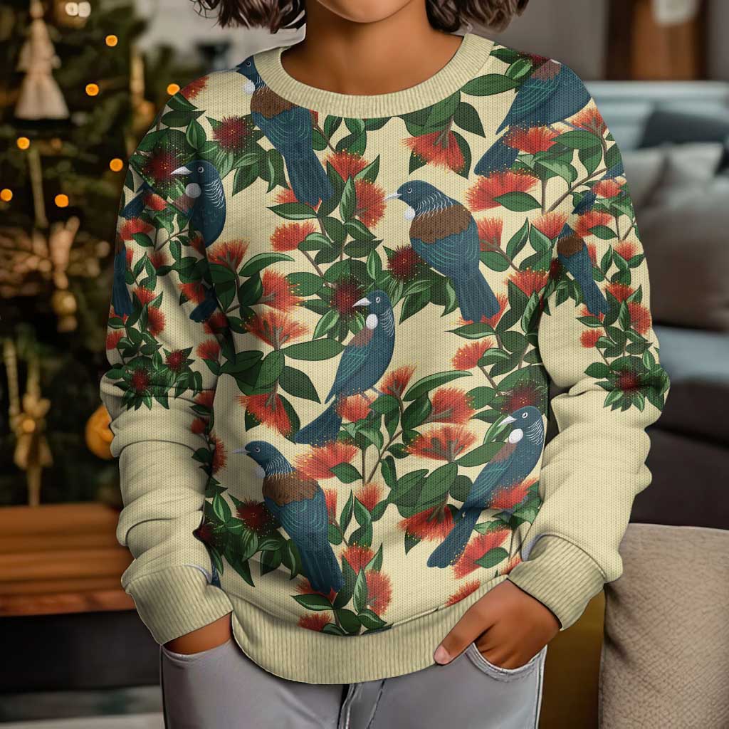 New Zealand Christmas Kid Ugly Christmas Sweater Romantic Tui Birds on Pohutukawa - Ivory - Aussie Hoodie